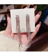 Sparkling Silver Wide Bar Cubic Zirconia Long Copper Wholesale Women Tassel Earrings