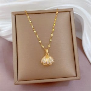 Sparkling Golden Scallop Shell Pearl Rhinestone Titanium Steel Wholesale Women Necklace