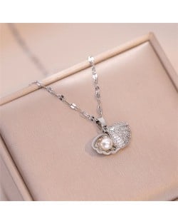 Sparkling Silver Scallop Shell Pearl Rhinestone Titanium Steel Wholesale Women Necklace