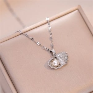 Sparkling Silver Scallop Shell Pearl Rhinestone Titanium Steel Wholesale Women Necklace