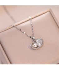 Sparkling Silver Scallop Shell Pearl Rhinestone Titanium Steel Wholesale Women Necklace