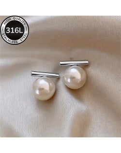 Elegant Straight Bar White Pearl Drop Dangle 316L Stainless Steel Wholesale Women Stud Earrings