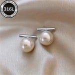 Elegant Straight Bar White Pearl Drop Dangle 316L Stainless Steel Wholesale Women Stud Earrings