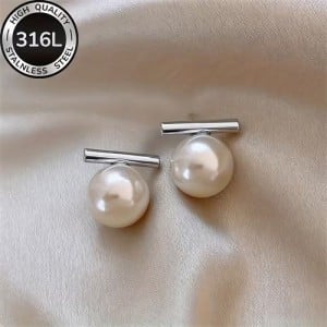 Elegant Straight Bar White Pearl Drop Dangle 316L Stainless Steel Wholesale Women Stud Earrings
