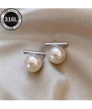 Elegant Straight Bar White Pearl Drop Dangle 316L Stainless Steel Wholesale Women Stud Earrings