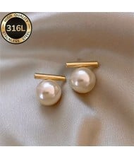 Elegant Straight Bar White Pearl Drop Dangle 316L Stainless Steel Wholesale Women Stud Earrings