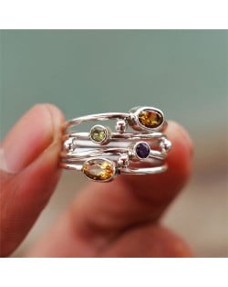 Boho Chic Multicolor Rhinestone Inlaid Multi Band Openwork Copper Wholesale Women Fashion Rings - Silver