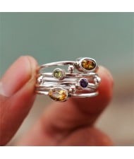 Boho Chic Multicolor Rhinestone Inlaid Multi Band Openwork Copper Wholesale Women Fashion Rings - Silver