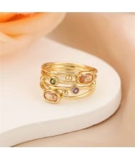 Boho Chic Multicolor Rhinestone Inlaid Multi Band Openwork Copper Wholesale Women Fashion Rings