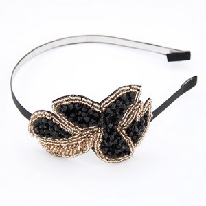 Korean Fashion Stylish Beads and Sequins Decorated Leaf Shape Hair Hoop - Black