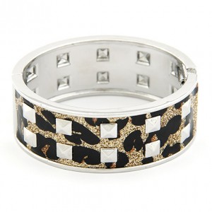 Black Dots Pattern Square Rivets Silver Bangle