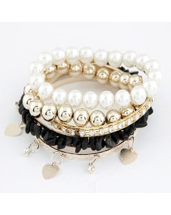Assorted Pearls Hearts and Balls Elements Multiple-layer Design Bangle - Black