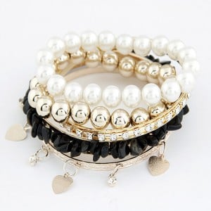 Assorted Pearls Hearts and Balls Elements Multiple-layer Design Bangle - Black