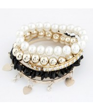 Assorted Pearls Hearts and Balls Elements Multiple-layer Design Bangle - Black