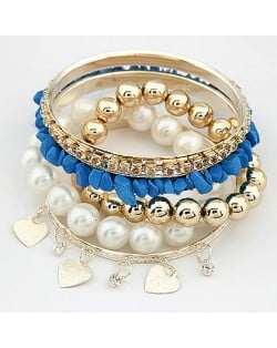 Assorted Pearls Hearts and Balls Elements Multiple-layer Design Bangle - Blue