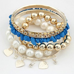 Assorted Pearls Hearts and Balls Elements Multiple-layer Design Bangle - Blue