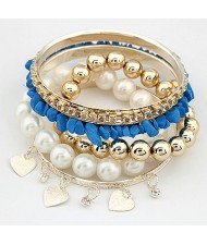 Assorted Pearls Hearts and Balls Elements Multiple-layer Design Bangle - Blue