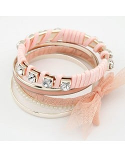 Rhinestones Planted with Pearls Cloth Bowknot Fashion Bangle - Pink
