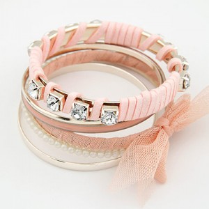 Rhinestones Planted with Pearls Cloth Bowknot Fashion Bangle - Pink