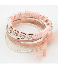 Rhinestones Planted with Pearls Cloth Bowknot Fashion Bangle - Pink