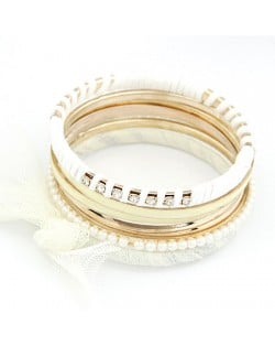 Rhinestones Planted with Pearls and Cloth Bowknot Fashion Bangle  - White