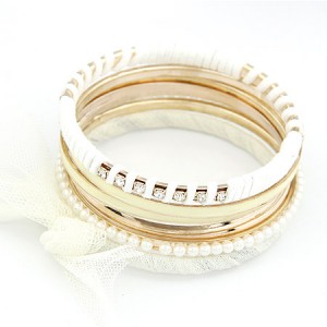 Rhinestones Planted with Pearls and Cloth Bowknot Fashion Bangle  - White