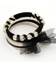 Rhinestones Planted with Pearls and Cloth Bowknot Fashion Bangle - Black