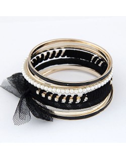 Rhinestones Planted with Pearls and Cloth Bowknot Fashion Bangle - Black