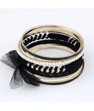 Rhinestones Planted with Pearls and Cloth Bowknot Fashion Bangle - Black