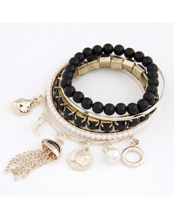 Multiple Pendants Element Easy Match Pearls Fashion Bangle - Black