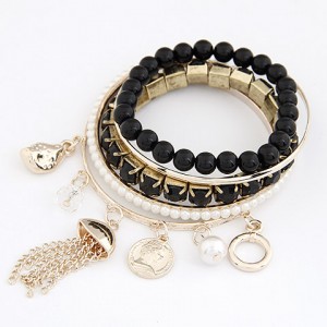 Multiple Pendants Element Easy Match Pearls Fashion Bangle - Black