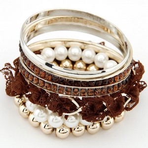 Elegant Pearls and Lace Fashion Combo Bangle - Brown