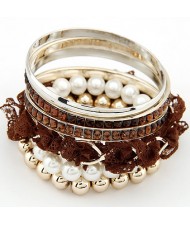 Elegant Pearls and Lace Fashion Combo Bangle - Brown