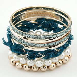 Elegant Pearls and Lace Fashion Combo Bangle - Green