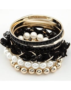 Elegant Pearls and Lace Fashion Combo Bangle - Black