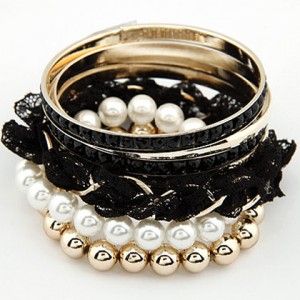 Elegant Pearls and Lace Fashion Combo Bangle - Black