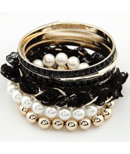 Elegant Pearls and Lace Fashion Combo Bangle - Black