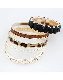 Hollow Floral Engraving Leopard Prints and Weaving Threads Combo Bangle - Brown