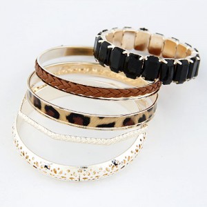Hollow Floral Engraving Leopard Prints and Weaving Threads Combo Bangle - Brown