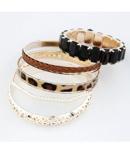 Hollow Floral Engraving Leopard Prints and Weaving Threads Combo Bangle - Brown