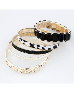 Hollow Floral Engraving Leopard Prints and Weaving Threads Combo Bangle - Black