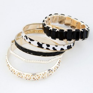 Hollow Floral Engraving Leopard Prints and Weaving Threads Combo Bangle - Black