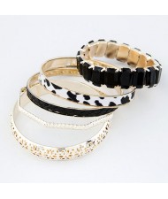 Hollow Floral Engraving Leopard Prints and Weaving Threads Combo Bangle - Black