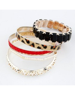 Hollow Floral Engraving Leopard Prints and Weaving Threads Combo Bangle - Red
