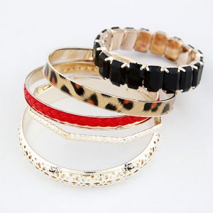 Hollow Floral Engraving Leopard Prints and Weaving Threads Combo Bangle - Red