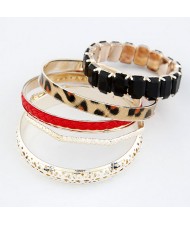 Hollow Floral Engraving Leopard Prints and Weaving Threads Combo Bangle - Red