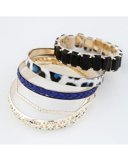 Hollow Floral Engraving Leopard Prints and Weaving Threads Combo Bangle - Blue