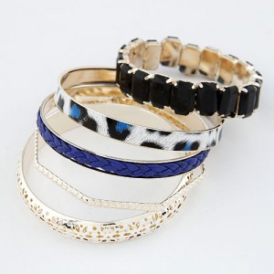 Hollow Floral Engraving Leopard Prints and Weaving Threads Combo Bangle - Blue