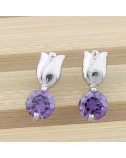 Rose Bud Style Rhinestone Inlaid Ear Studs - Violet
