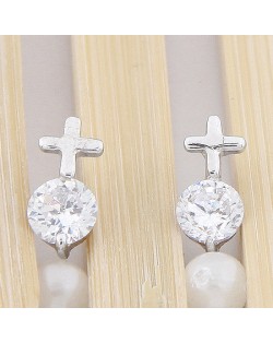Zircon Inlaid Cross Design Ear Studs - Transparent